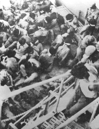 Greek Cypriot prisoners being transferred to Turkey, blindfolded and hands bound.